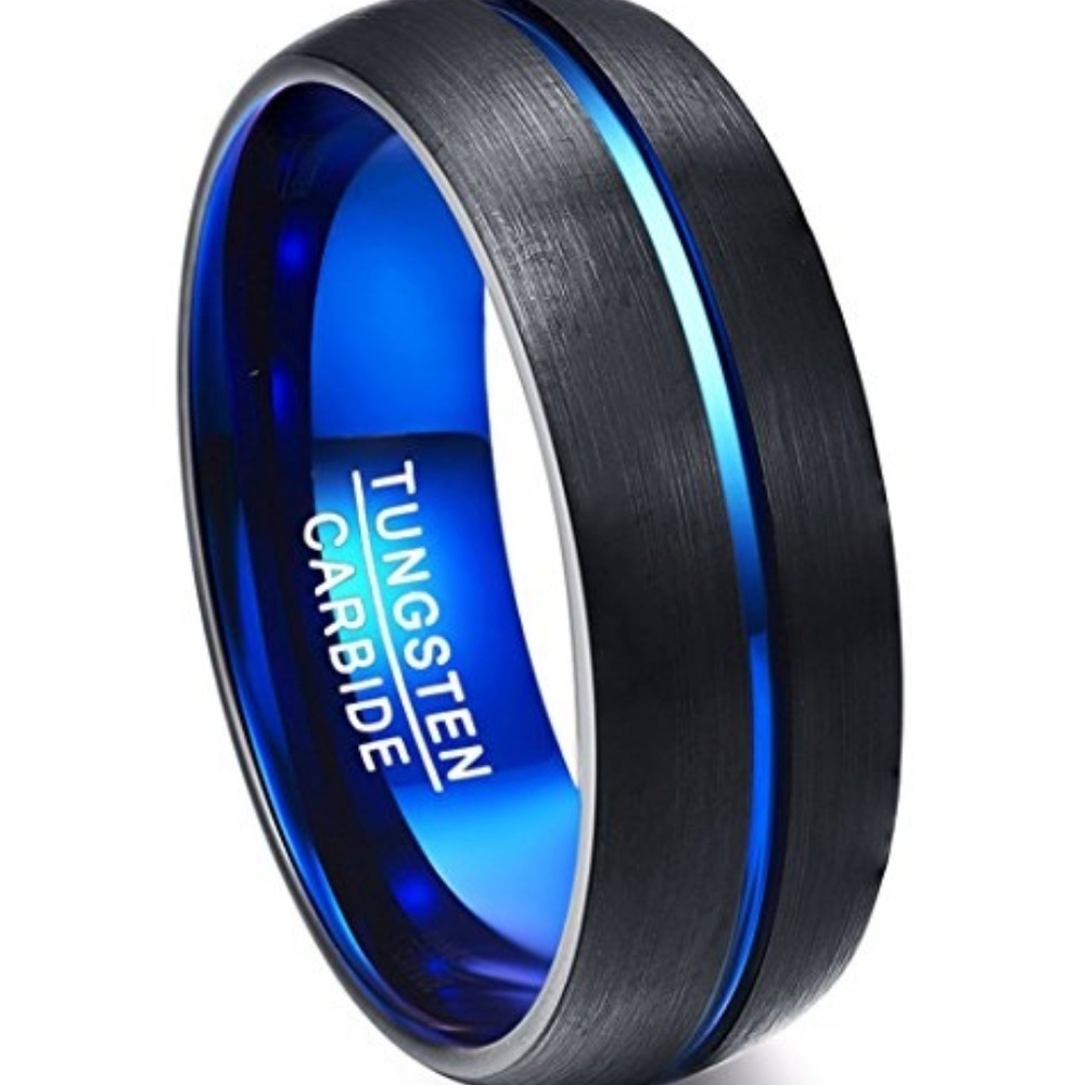 Black Tungsten Thin Blue Line Police Ring Band - Picture 3 of 8